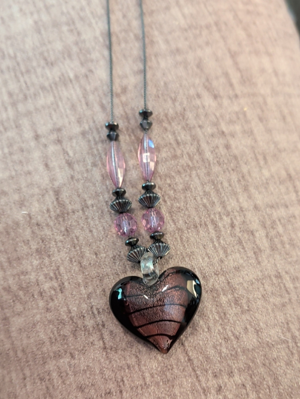 Murano Art Glass Purple Heart-Shaped Pendant On Gunmetal Necklace
